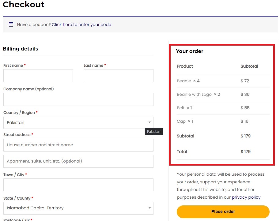 Pagina de plată WooCommerce implicită