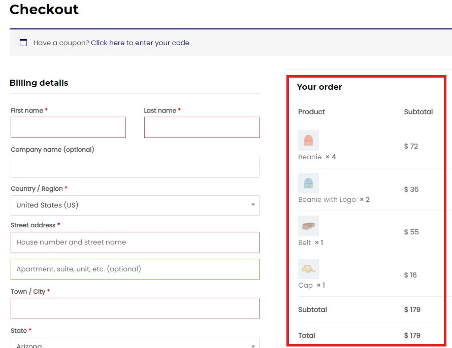 Pagina de plată WooCommerce cu imagini ale produselor pe linii separate