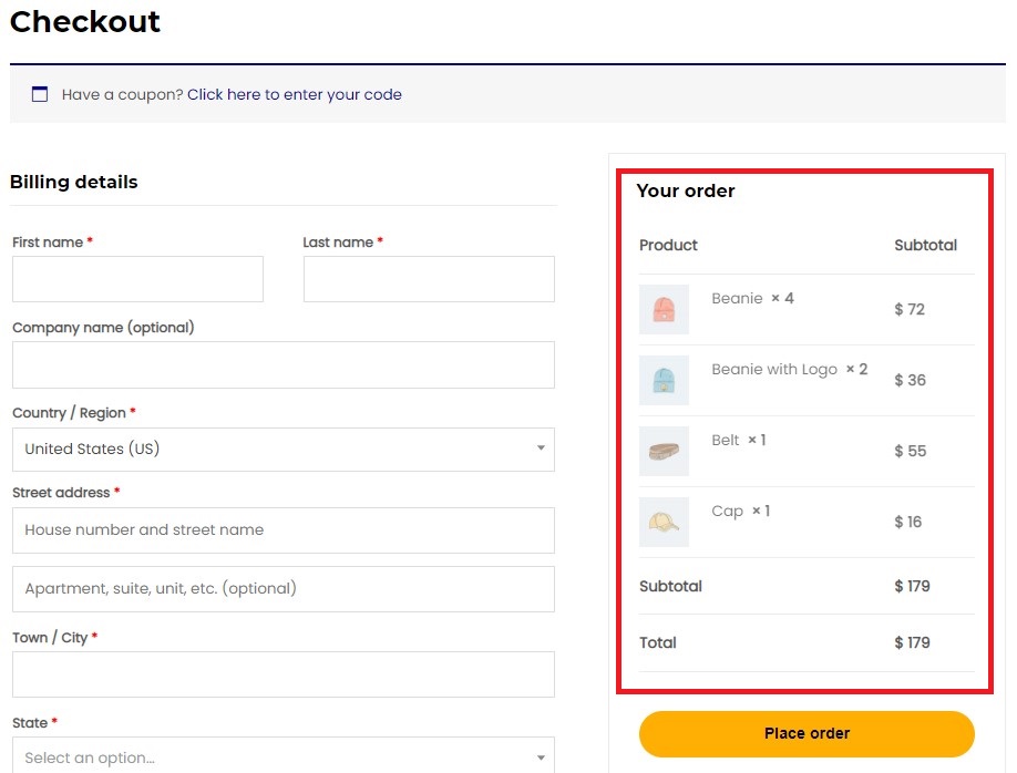 Pagina de plată WooCommerce cu imagini ale produselor în linie