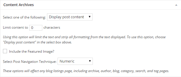 Impostazioni dell'archivio dei contenuti
