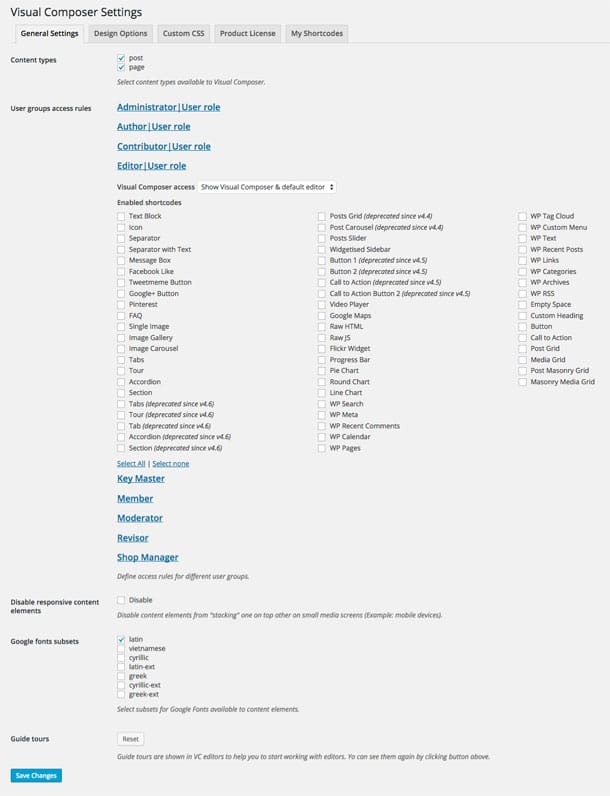 Paramètres généraux de Visual Composer