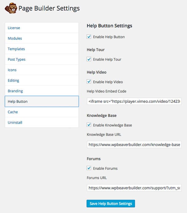 Paramètres du bouton d'aide de Beaver Builder