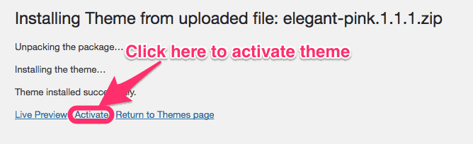 activation du thème téléchargé depuis l'ordinateur sur wordpress