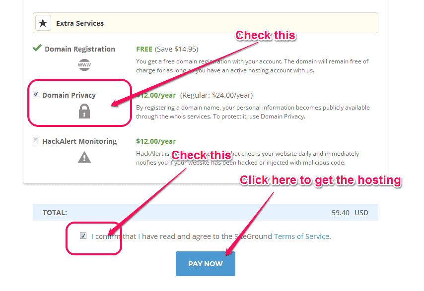 paiement d'hébergement siteground