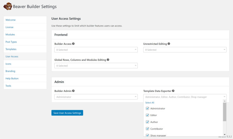 Configuración de acceso de usuario de Beaver Builder
