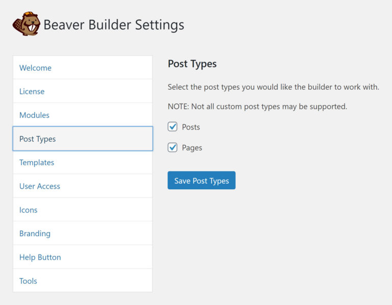 Configuración del tipo de publicación de Beaver Builder