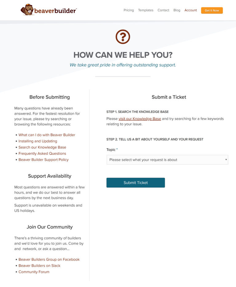 Área de soporte de Beaver Builder