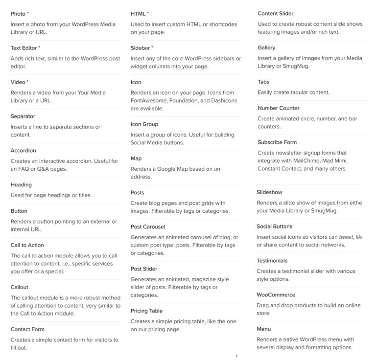 Lista de módulos de Beaver Builder