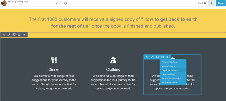 Plantilla de página de destino insertada