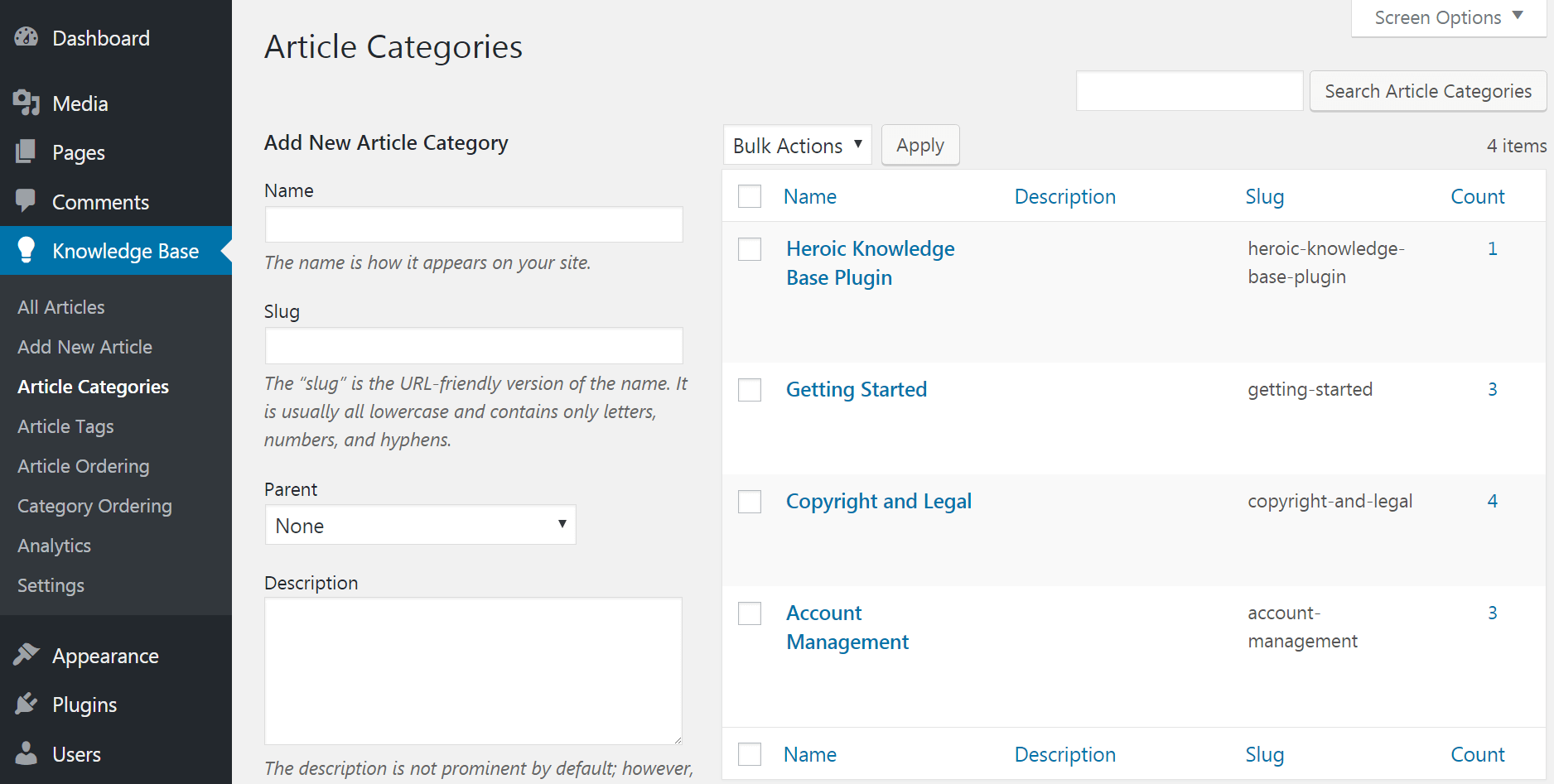 Configuraciones de categoría de KnowAll.
