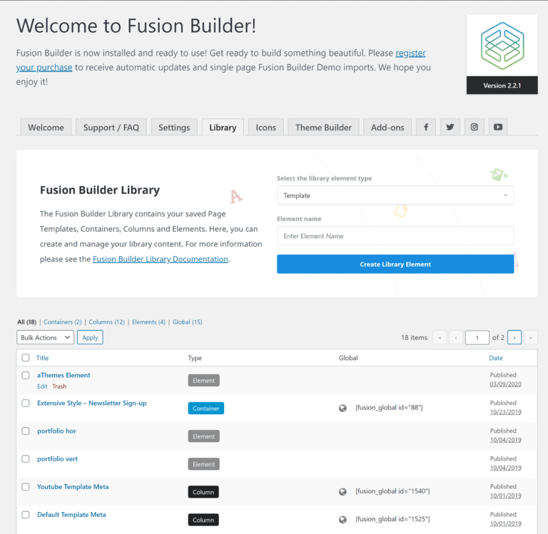 Fusion Builder 库列表