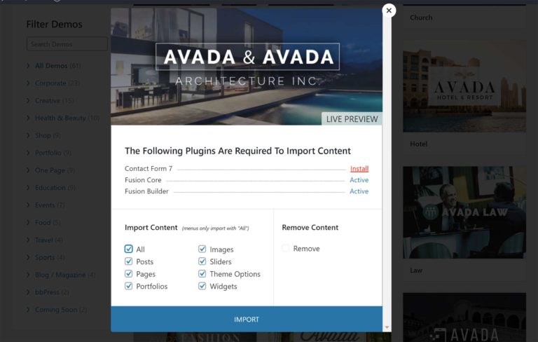 在 Avada 中导入主题演示