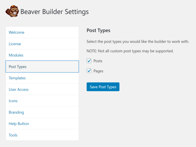Configuración del tipo de publicación de Beaver Builder