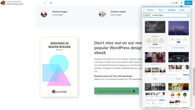 Seleccione una plantilla de página de destino en Beaver Builder