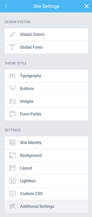 Menú de configuración del sitio de Elementor