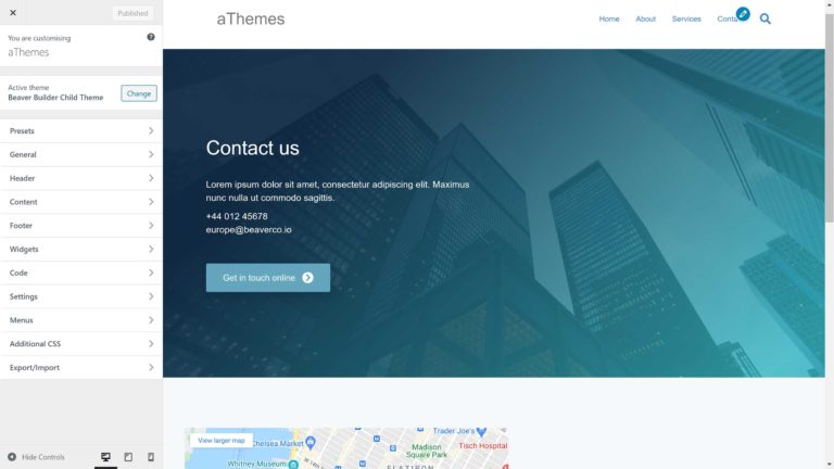 Tema Beaver Builder en el personalizador de temas de WordPress
