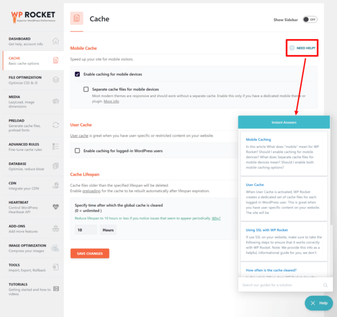 Revisione di WP Rocket dei documenti di aiuto nella dashboard
