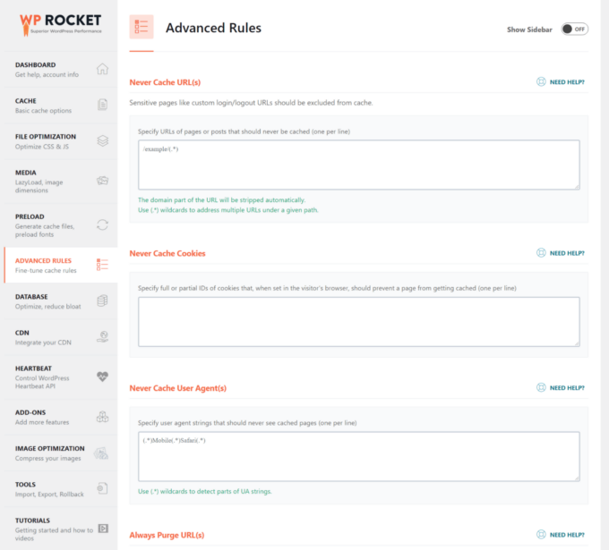 Regole avanzate di WP Rocket