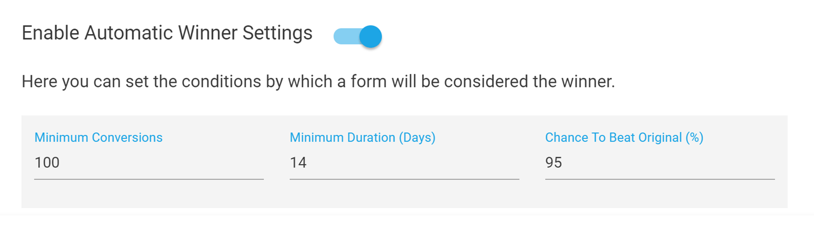 Impostazioni del vincitore del test