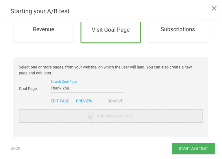 Impostazioni degli obiettivi del test A/B