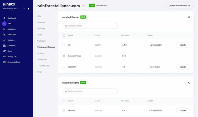 ธีมที่ติดตั้งแดชบอร์ด MyKinsta