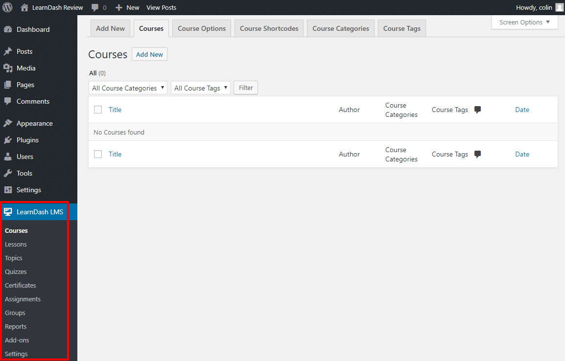 tableau de bord de révision learndash