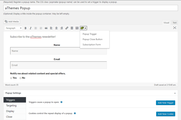 Interfaccia del creatore di popup