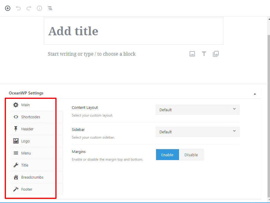 Controlli della pagina OceanWP