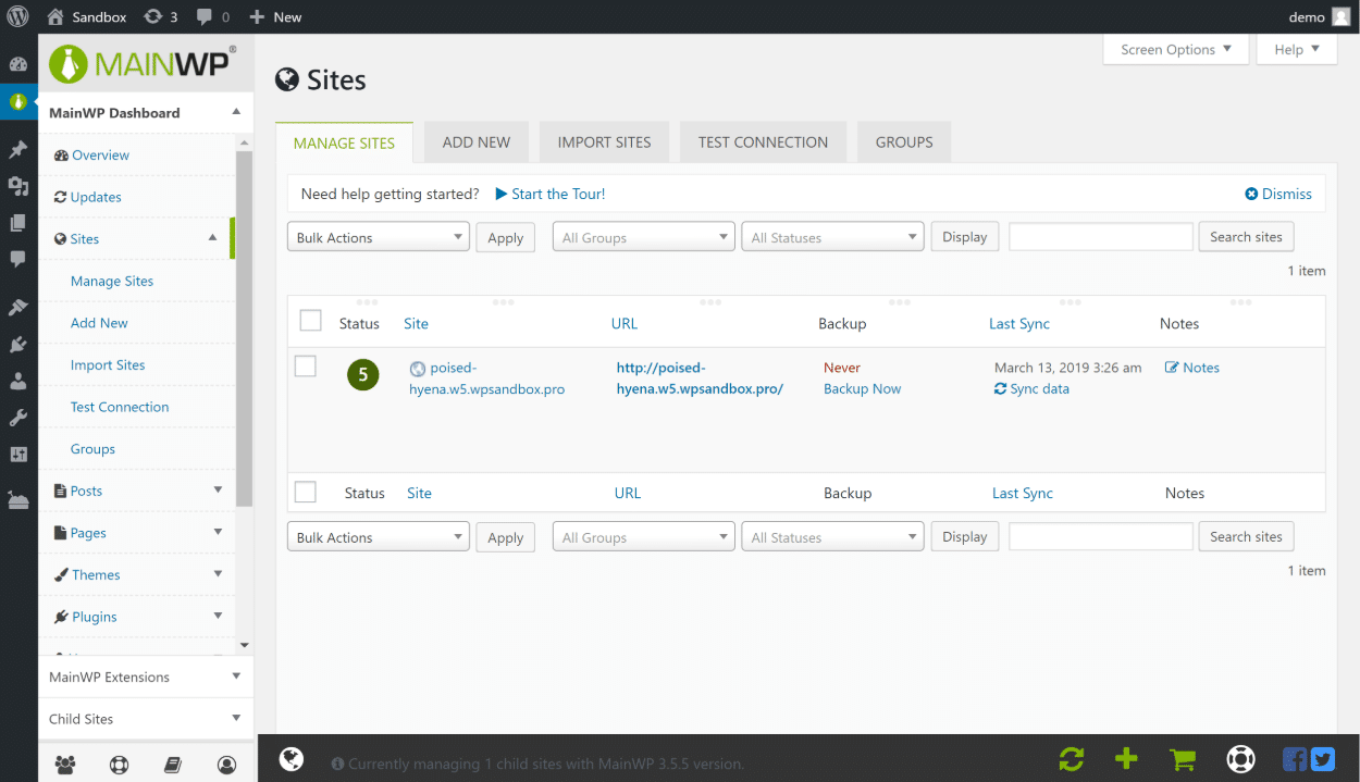 Tableau de bord MainWP