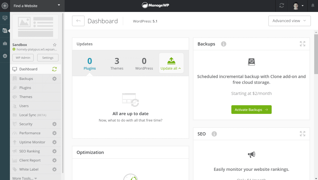 Tableau de bord ManageWP