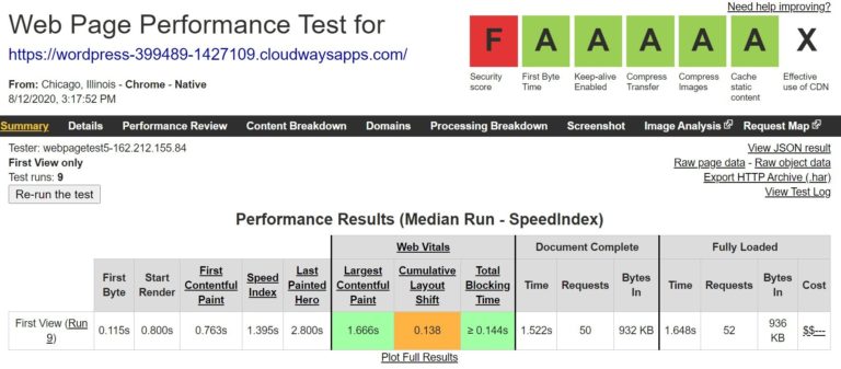 Cloudways WebPageTest 結果
