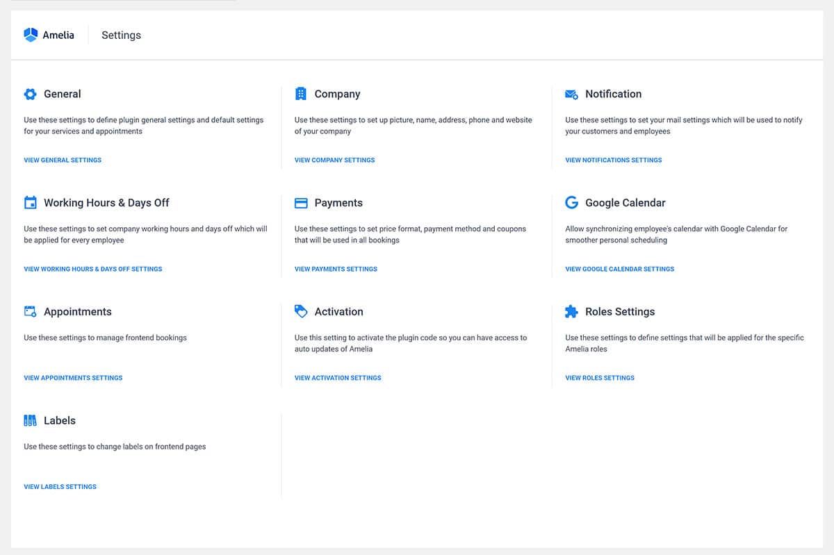 Область настроек Амелии