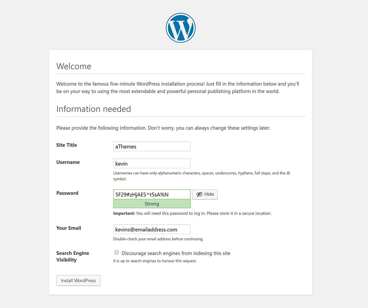 WordPress 설치 전에 웹 사이트 세부 정보 입력