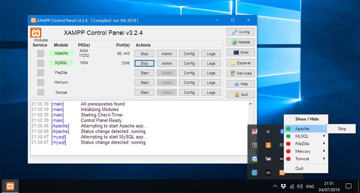 Windows 작업 표시줄의 XAMPP