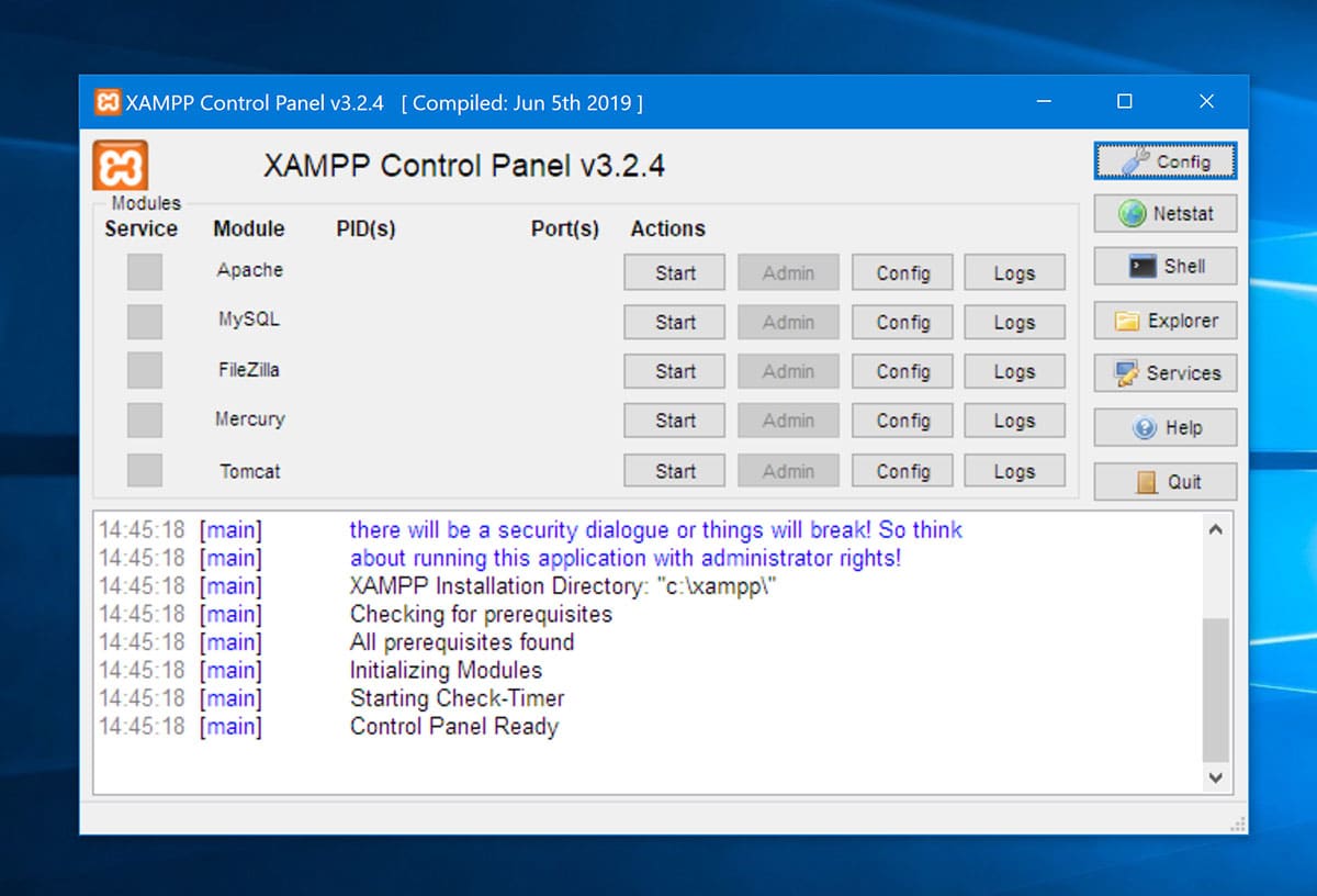 XAMPP 제어판 첫 실행