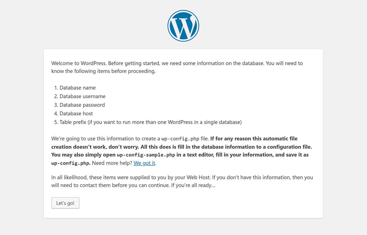 WordPress 설치 프로그램 데이터베이스 정보 알림