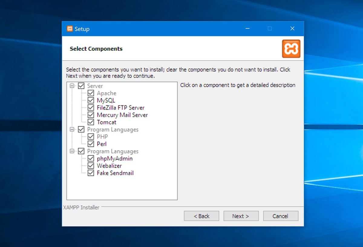 XAMPP 구성 요소 선택