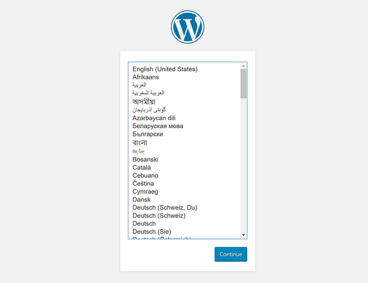XAMPP WordPress 설치 프로그램 언어 선택기