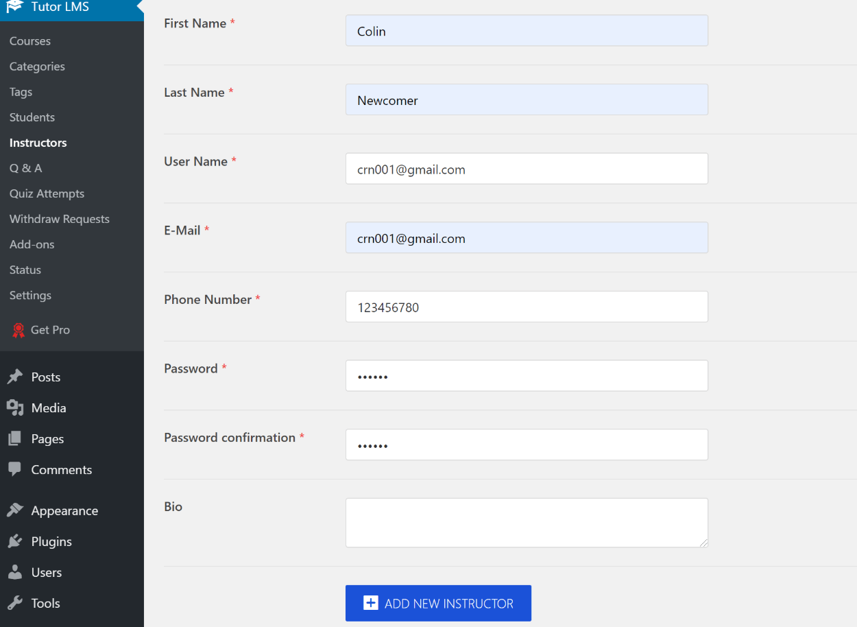 Ajouter un instructeur dans Tutor LMS