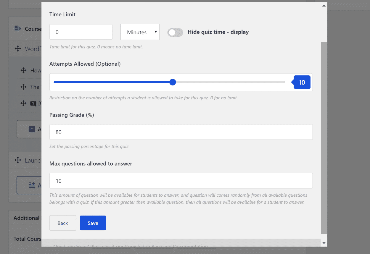 Configurer les quiz