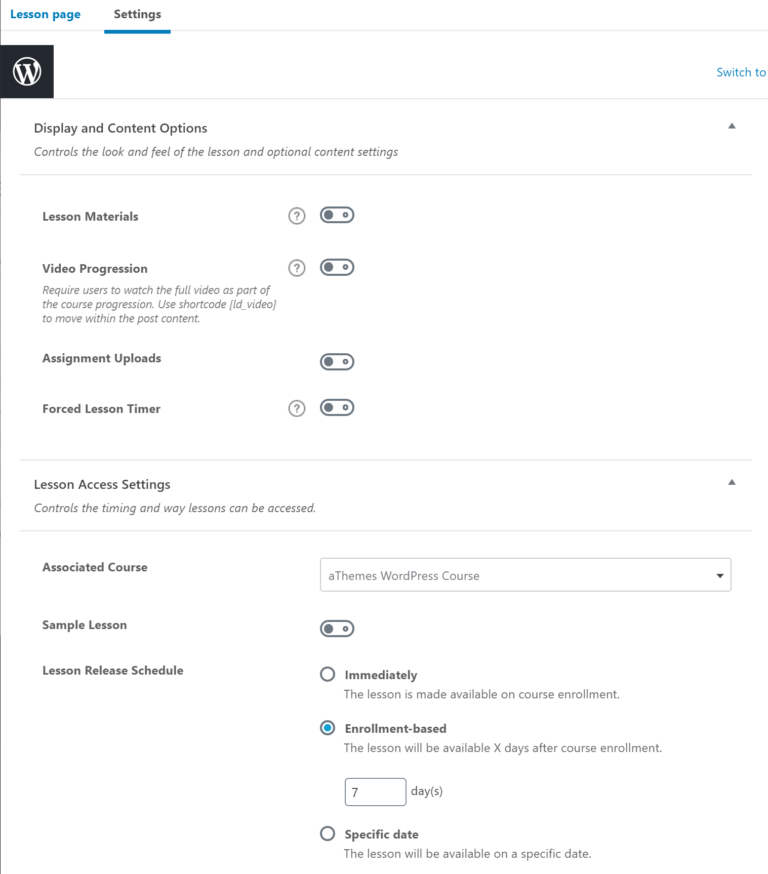 Configuración de lecciones de LearnDash