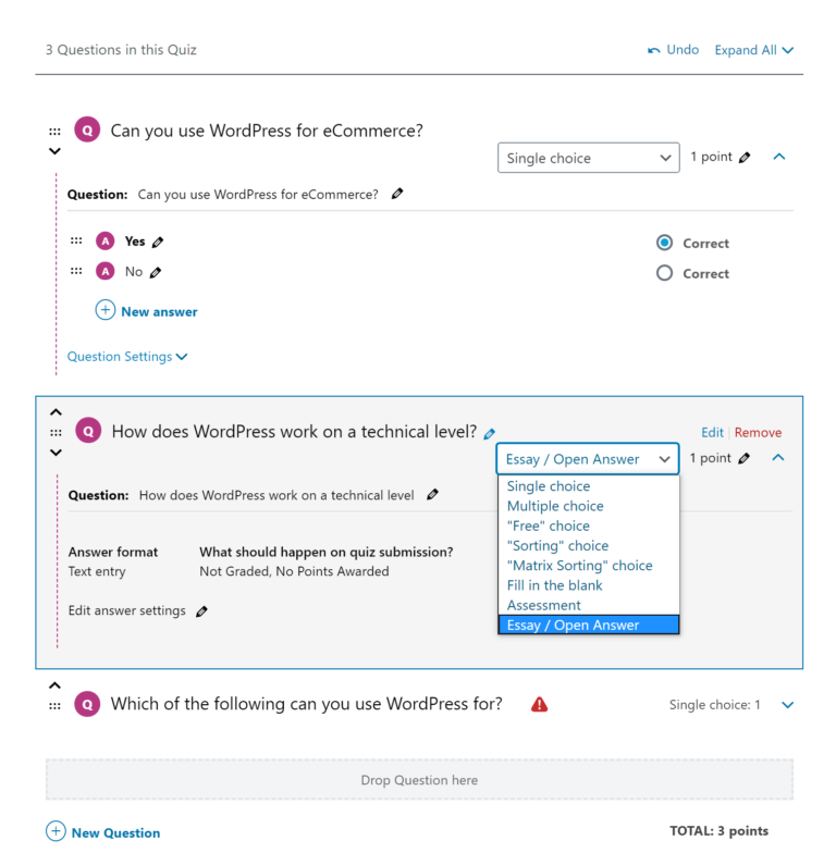 Configuración del cuestionario de LearnDash