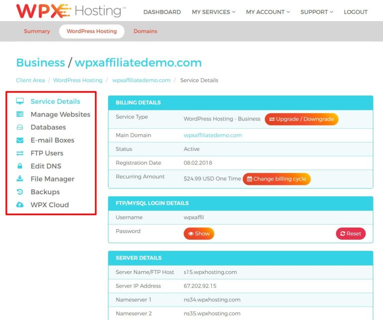 خيارات لوحة معلومات استضافة WPX