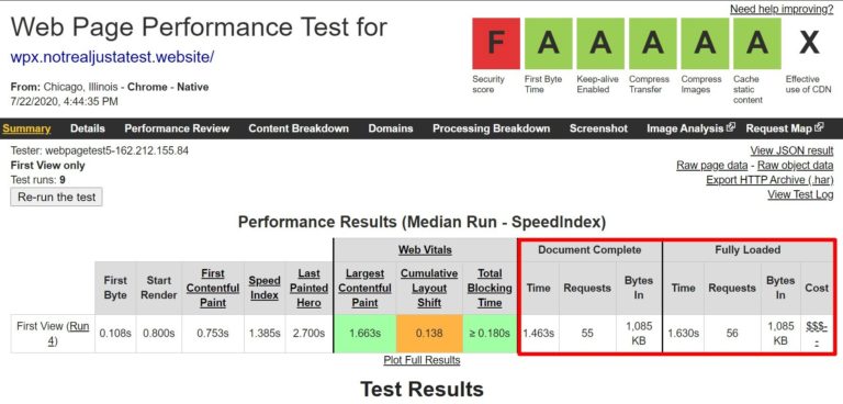 اختبار استضافة WPX من WebPageTest