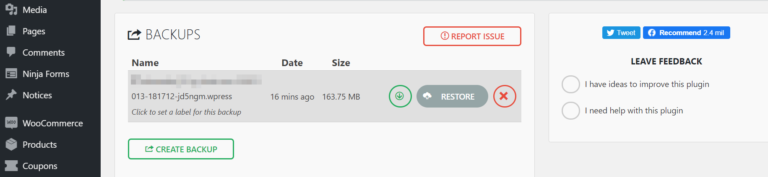 Selezione dello snapshot di WordPress da ripristinare