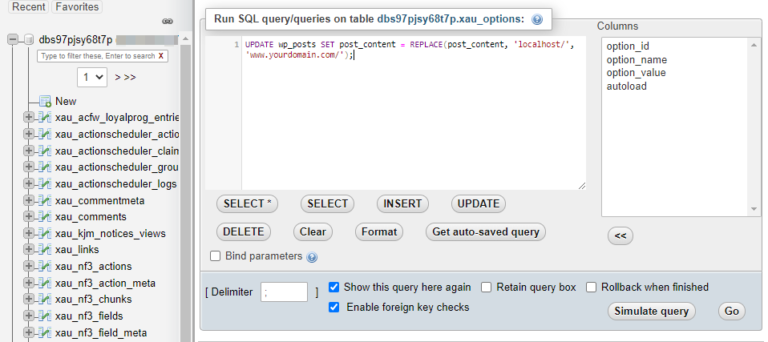 Esecuzione di una query in phpMyAdmin