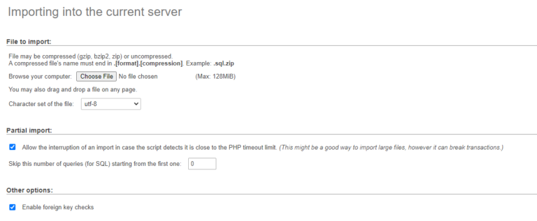 Importazione di un file di database utilizzando phpMyAdmin