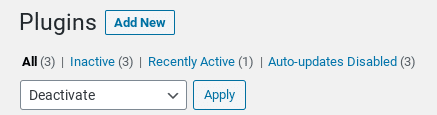 L'opzione "Disattiva" nella schermata dei plugin di WordPress.
