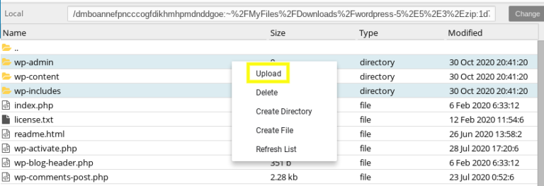 L'opzione per caricare file WordPress Core tramite FTP.