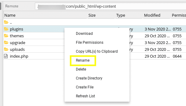 L'opzione per rinominare la cartella dei plugin di WordPress tramite FTP.